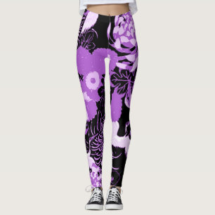 Vintage, svart, lila blommor och fåglar leggings
