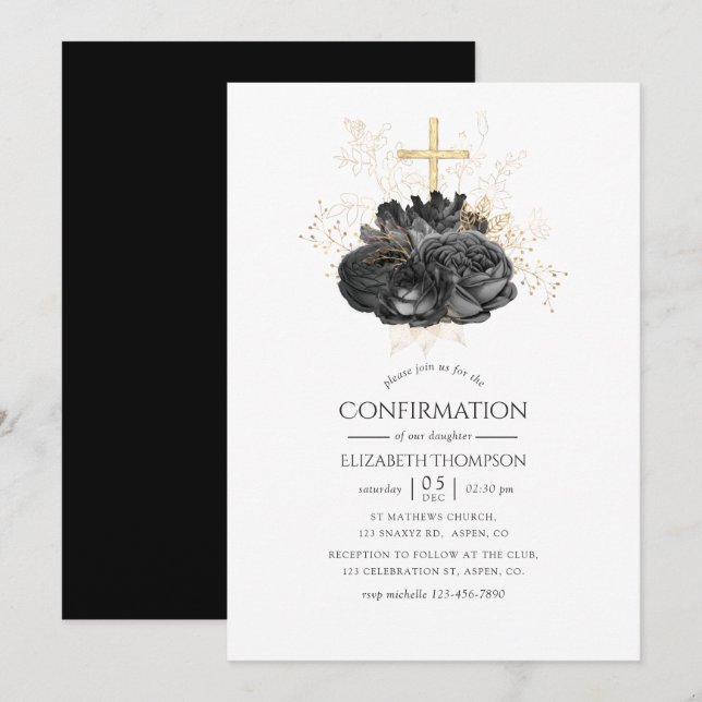 Vintage svart och guld blommig konfirmation inbjudningar (Fram/baksida)