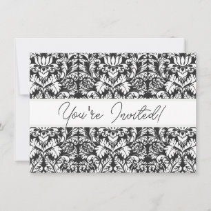 Vintage svart och vit damask sidenbrokad med spets inbjudningar