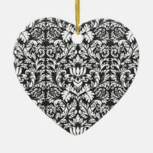 Vintage svart och vit damask sidenbrokad med spets julgransprydnad keramik
