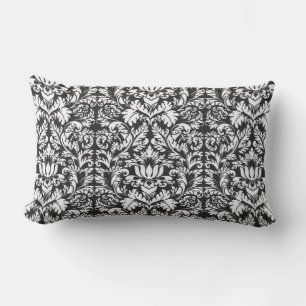 Vintage svart och vit damask sidenbrokad med spets lumbarkudde