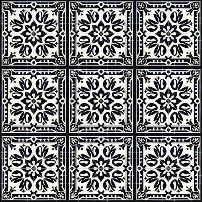 Vintage, svart och vit, gammaldags Mönster Kakelplatta (Tile pattern, 3 x 3 tiles with black grout)