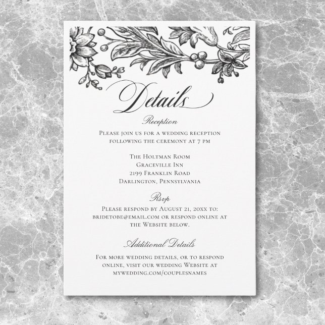 Vintage svart och vit gobeläng blomsterbröllop tilläggskort (Vintage Black & White Tapestry Floral Wedding Enclosure Card)