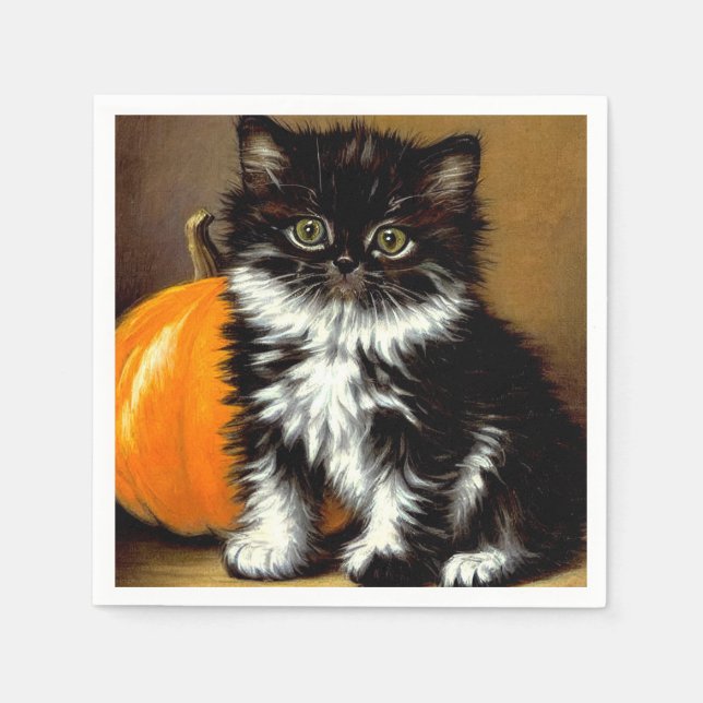 Vintage svart och vit Halloween-katt Pappersservett (Framsidan)