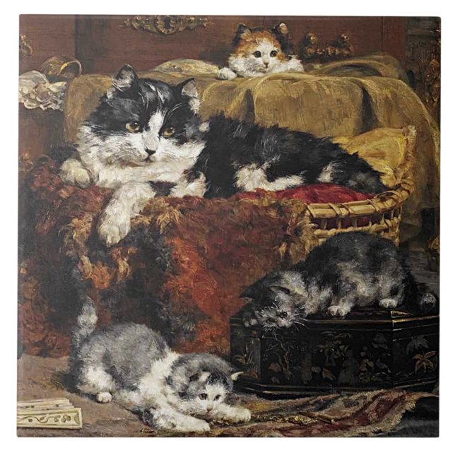 Vintage Svart och vit katt med kattungar Kakelplatta (Framsidan)