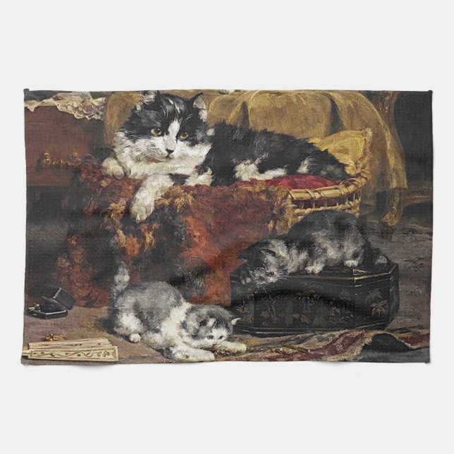 Vintage Svart och vit katt med kattungar Kökshandduk (Horisontell)