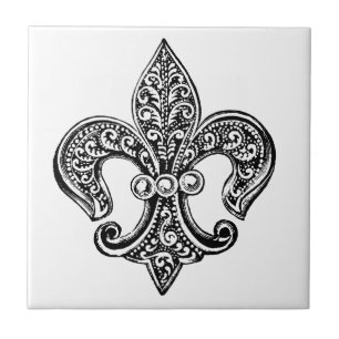 Vintage svart och vit spetsig Fleur De Lis Kakelplatta