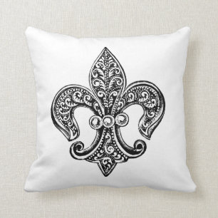 Vintage svart och vit spetsig Fleur De Lis Kudde