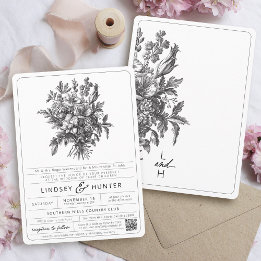 Vintage Svart och Vitt Botaniskt Blommigt Bröllop Inbjudningar