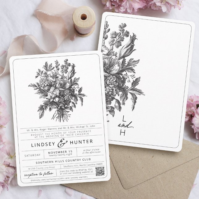 Vintage Svart och Vitt Botaniskt Blommigt Bröllop Inbjudningar (Elegant simple vintage black and white boho chic wildflower botanical floral wedding invitation card)