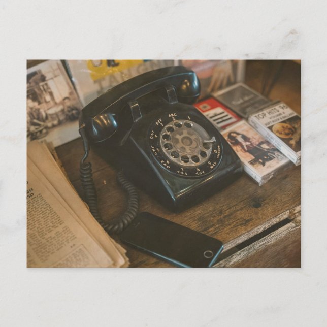Vintage svart ratttelefon vykort (Framsida)