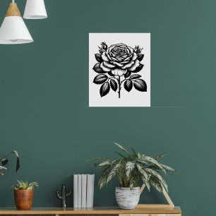 Vintage Svart Ros Botanisk Illustration Poster