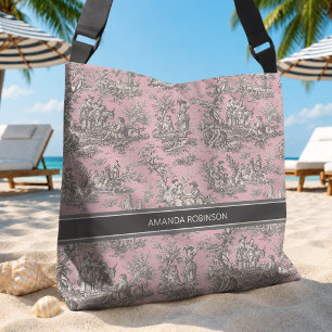 Vintage svart rosa toile de jouy tryckt axelväska