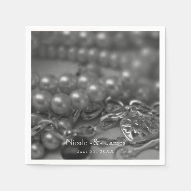 Vintage svart & vit elegant pärlor bröllop pappersservett (Framsidan)