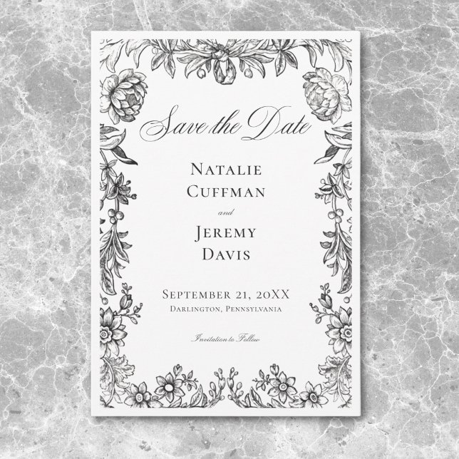 Vintage svart & vit gobeläng blomsterbröllop spara datumet (Vintage Black & White Tapestry Floral Wedding Save The Date)