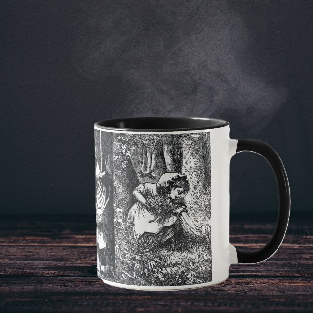 Vintage Svart Vitt Rödluvan Teckningar Mugg (Black white vintage illustrations of Little Red Riding hood on coffee or tea mug.)