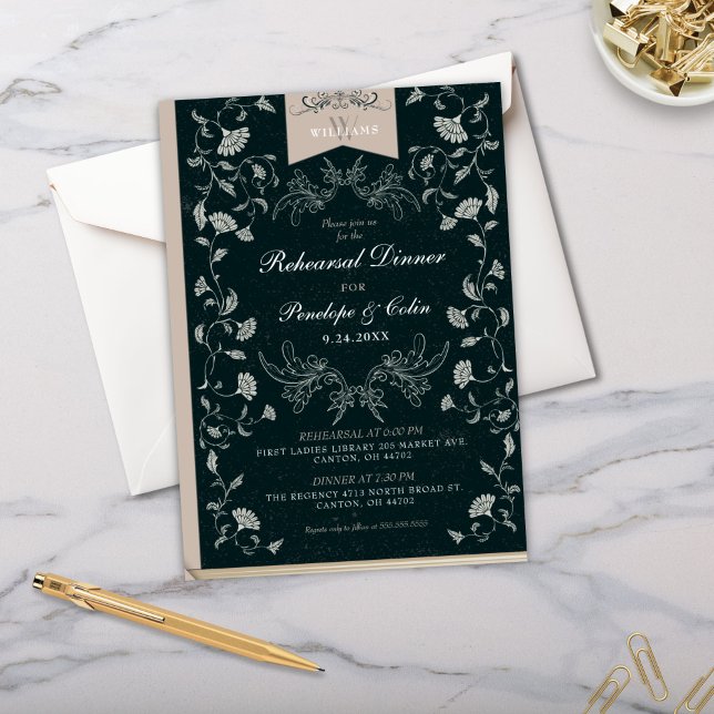 Vintage Svarta Bok-täcket Bröllop Rehearsal Middag Inbjudningar (Vintage Elegant Black and Tan Victorian Wedding Rehearsal Dinner Invitations for Library Chic)