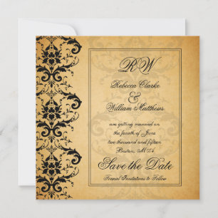Vintage svarta damast "Save the Date"-inbjudningar Spara Datumet