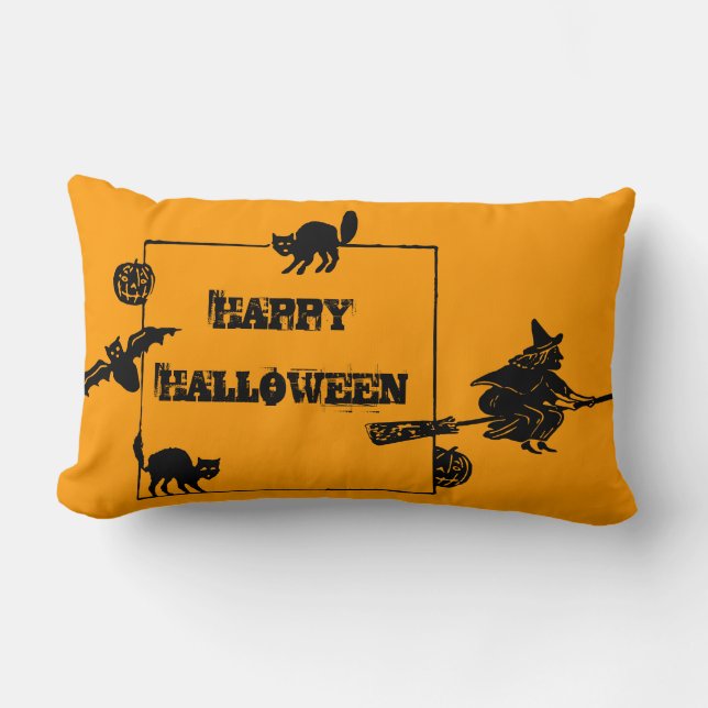 Vintage Svarta katter Fladdermus Pumpkins Witch Lumbarkudde (Framsida)