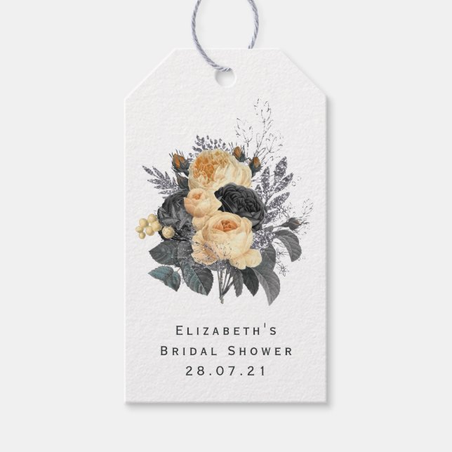 Vintage Svarta och Guld Blommigt Bes Presentetikett (Framsidan)