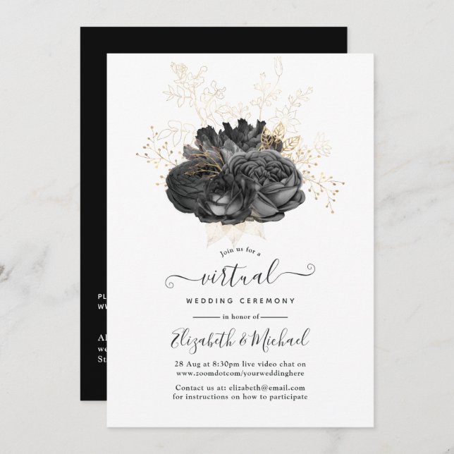 Vintage Svarta och Guld Blommigt Virtuella Bröllop Inbjudningar (Fram/baksida)