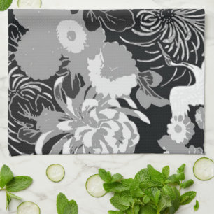 Vintage svarta, vita och grå blommor och fåglar kökshandduk
