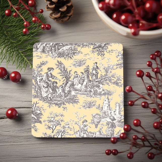 Vintage svartvit gult toile de jouy mönster stenunderlägg (Skapare uppladdad)