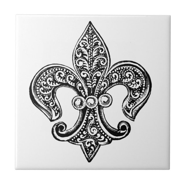 Vintage svartvita Lacy Fleur De Lis Kakelplatta (Framsidan)