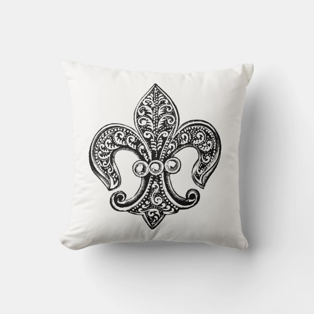 Vintage svartvita Lacy Fleur De Lis Kudde (Framsida)