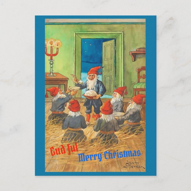 Vintage Svenska Tomten / Tomte & Julpudding Vykort (Framsida)