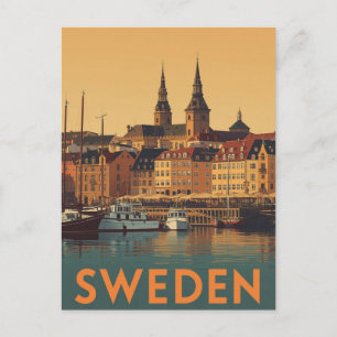 Vintage Sverige Resa Affisch Hamnvy Vykort