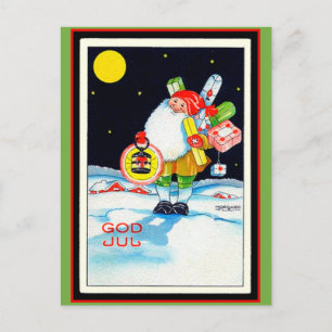 Vintage Swedish Christmas Image God Jul Gnome Helg Vykort
