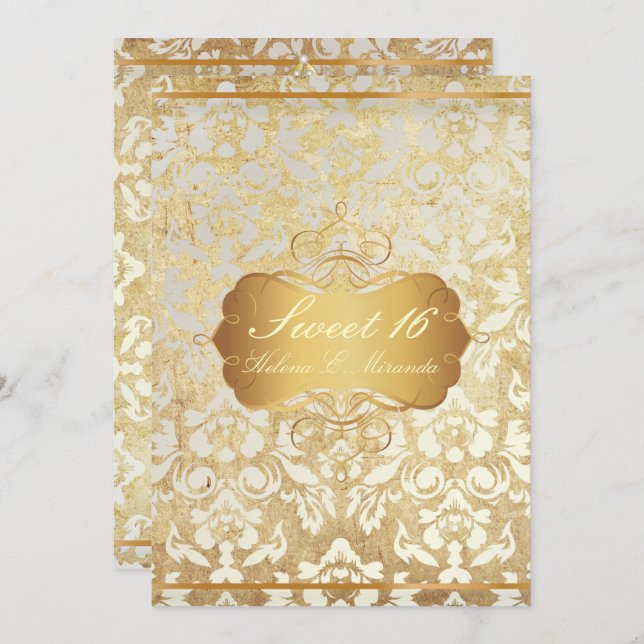 VINTAGE SWEET 16 Princess Pearl Damask Parchment Inbjudningar (Fram/baksida)