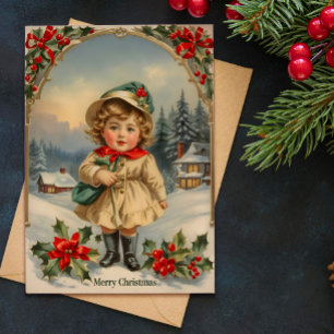 Vintage Sweet Girl Ställande Helgdag Card Helgkort