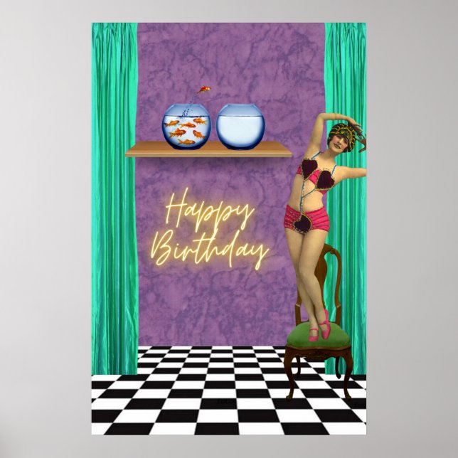 Vintage Swimmer-Funkyn ändrade Art Birthday Poster (Framsidan)