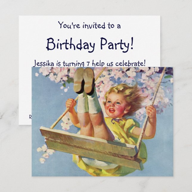 Vintage Swing, Girl Swinging Födelsedagsfest Inbjudningar (Fram/baksida)
