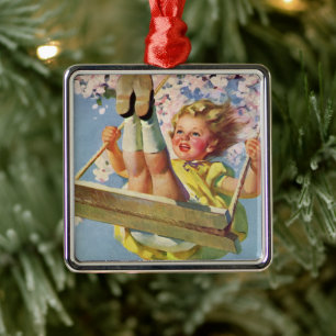 Vintage Swing, Girl Swinging in a Träd Barn Play Julgransprydnad Metall