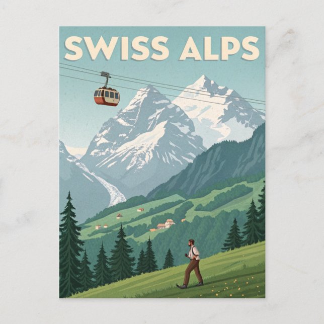 Vintage Swiss Alps Travel Vykort (Framsida)