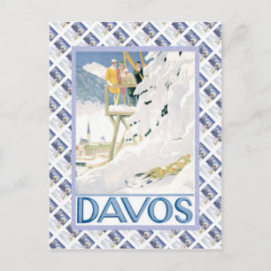 Vintage Swiss Raulway Poster, Davos Vykort