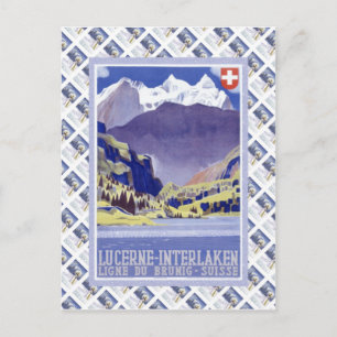 Vintage Swiss Raulway Poster, Interlaken Luzern Vykort