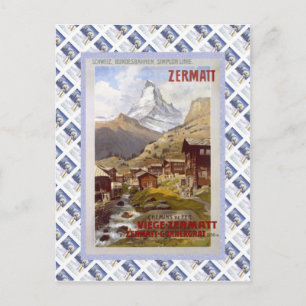 Vintage Swiss Raulway Poster, Zermatt Vykort