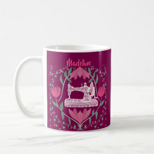 Vintage symaskin & Blommig Fuschia Design Kaffemugg