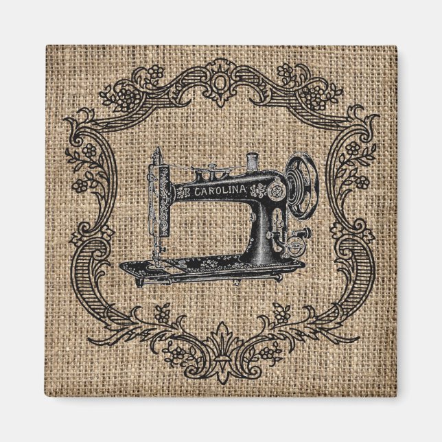 Vintage symaskin burlap magnet (Framsidan)