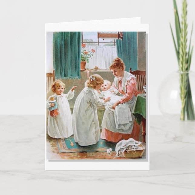 Vintage - systerportion med nyfödd bebis, meddelande (Framsida)