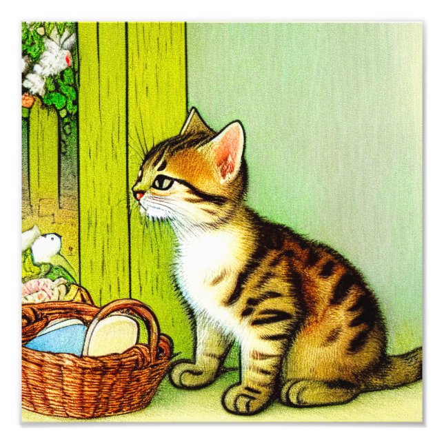 Vintage Tabby katt Illustration Fototryck (Framsidan)