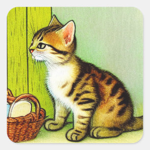 Vintage Tabby katt Illustration Fyrkantigt Klistermärke
