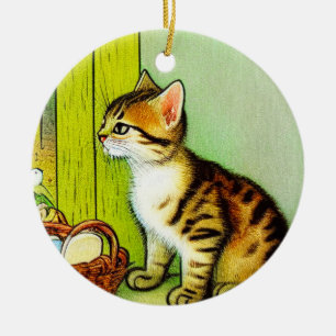 Vintage Tabby katt Illustration Julgransprydnad Keramik