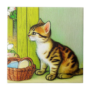 Vintage Tabby katt Illustration Kakelplatta