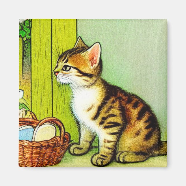 Vintage Tabby katt Illustration Magnet (Framsidan)