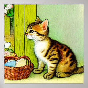 Vintage Tabby katt Illustration Poster